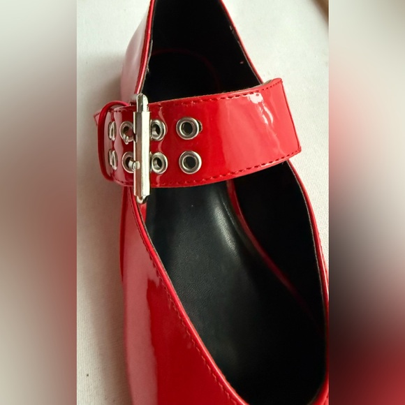🆕 Joe Fresh | Red Patent Faux Leather Flats with Square Toe and Silver Buckles - Picture 6 of 8